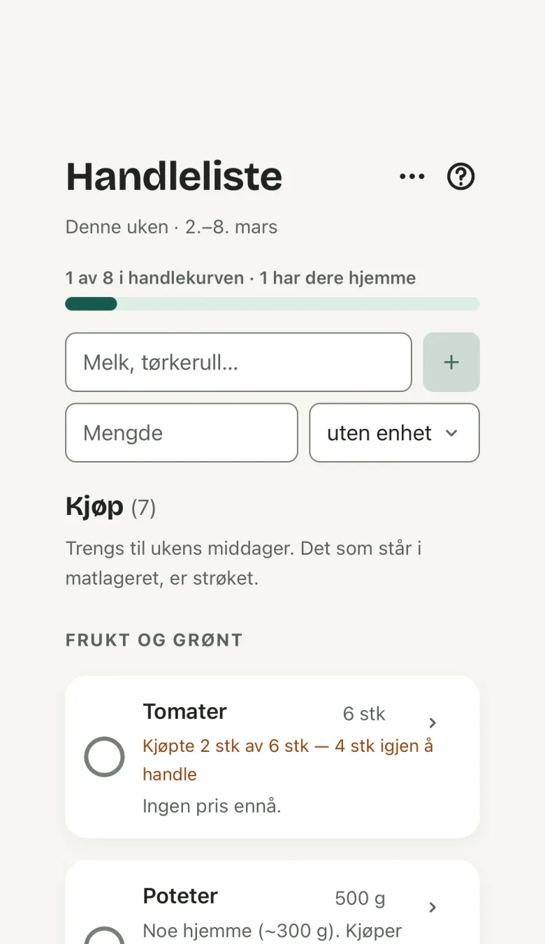 The shopping list on a phone, with To buy in the store’s order and why each line is there.