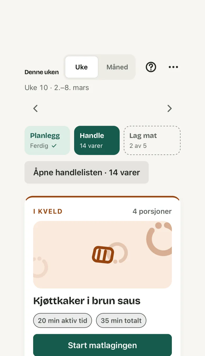A planned week on the phone: one card for each day, with the dish, how long it takes and the portions.