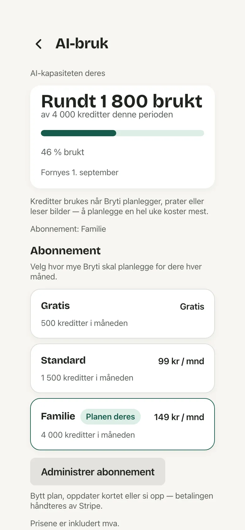 The Usage page with how much of the period is used, and when it renews.