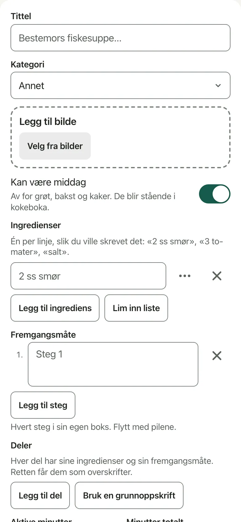 The recipe editor with a title, the ingredients written as a note, and the steps.