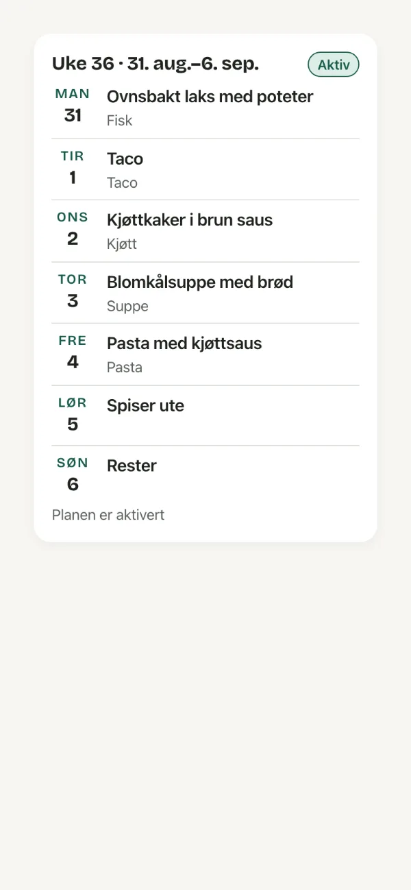 The chat. Bryti replies with a card for the week.