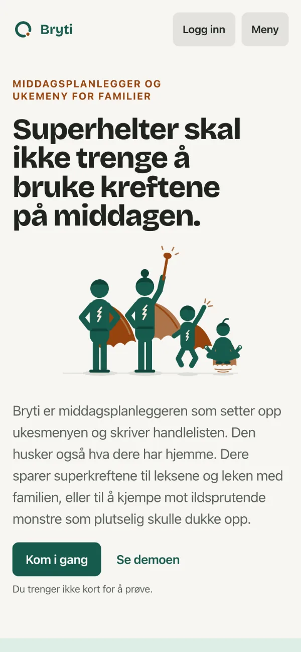 The front page. This is what new visitors see when they arrive at bryti.app.